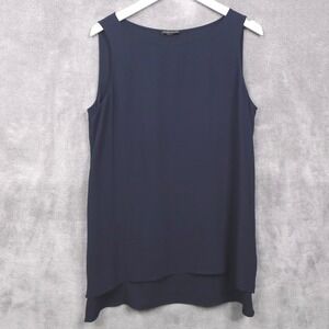 EILEEN FISHER Silk Georgette Crepe Ballet Neck Long Tunic Tank Hi Low Blue Sz M
